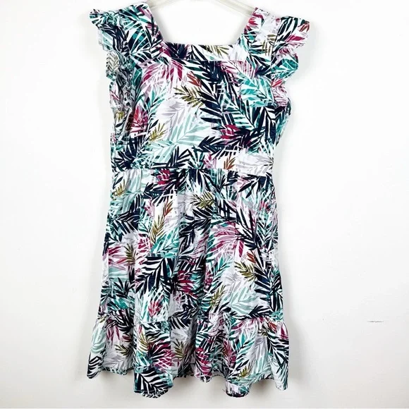 Beach Lunch Lounge Linen Tropical Palm Print Dress Cotton Medium Vacation Cruise - Picture 9 of 11